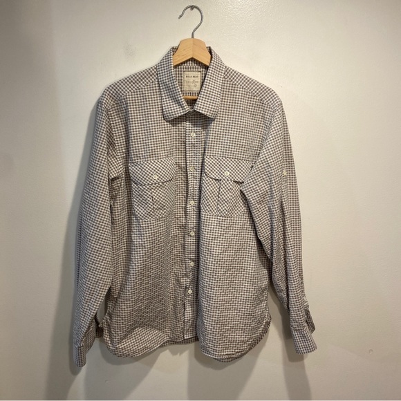 Billy Reid Brown Blue Plaid Roll Tab Sleeve Button Up Cotton Shirt Mens Slim XL - Picture 2 of 7